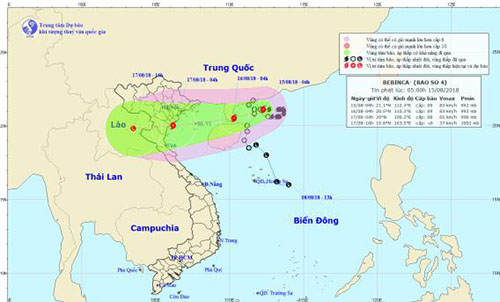 Bản đồ và vị trí cơn bão (ảnh: Trung tâm Dự báo khí tượng thủy văn Quốc gia)